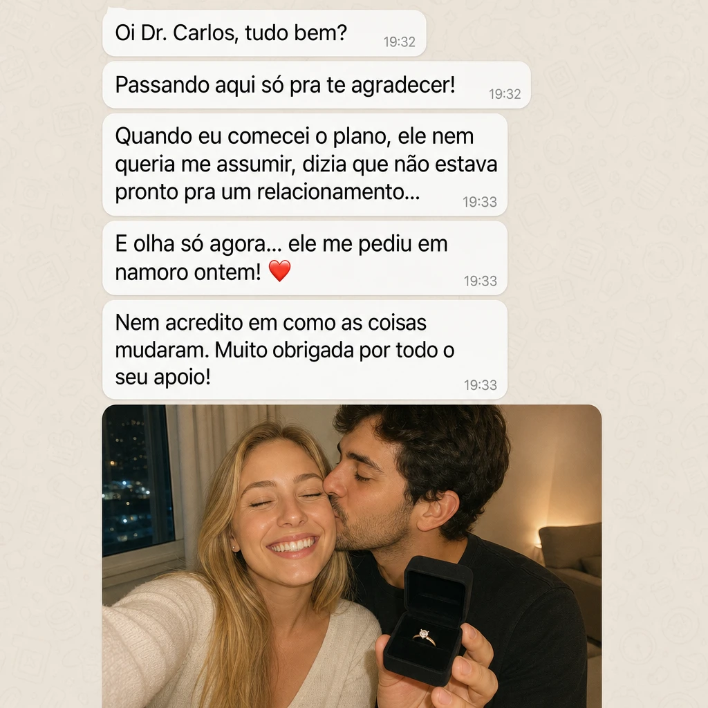 Depoimento em conversa de WhatsApp sobre transformação no relacionamento, com casal celebrando um pedido de namoro