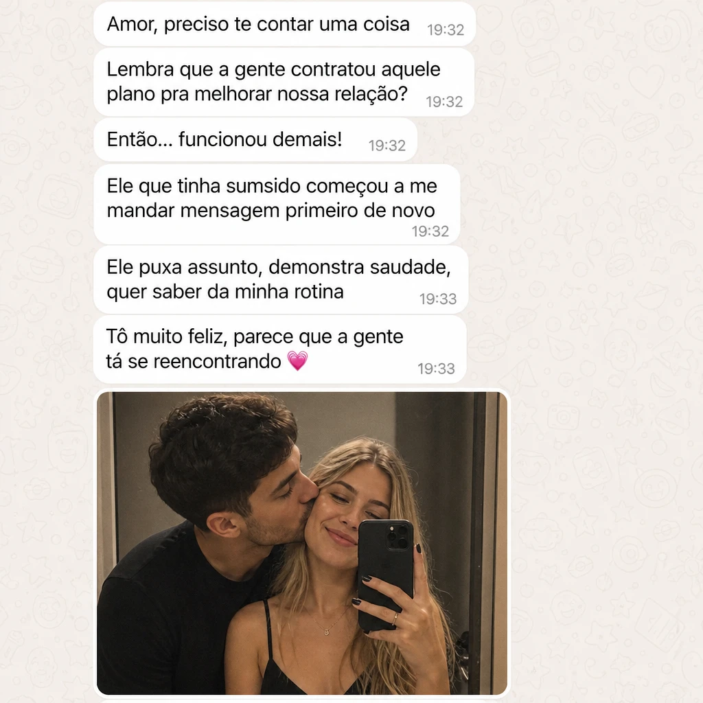Depoimento em conversa de WhatsApp com mensagens sobre o Plano Mulher Magnética e selfie de um casal
